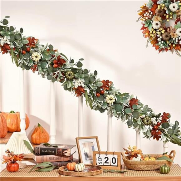 5.9 Ft Fall Garland for Mantle with Pumpkin Lamb Ears Maple Leaves, Autumn - Picture 2 of 8
